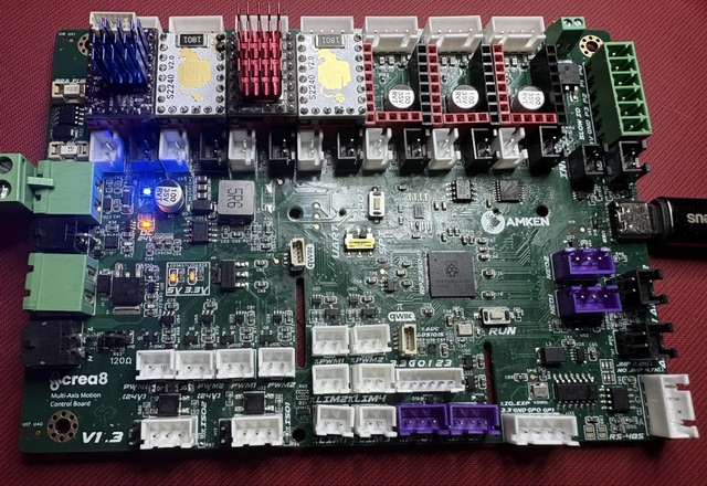 Amken crea8 V1.3 multi-axis motion control board running ticktrace firmware on an RP2350